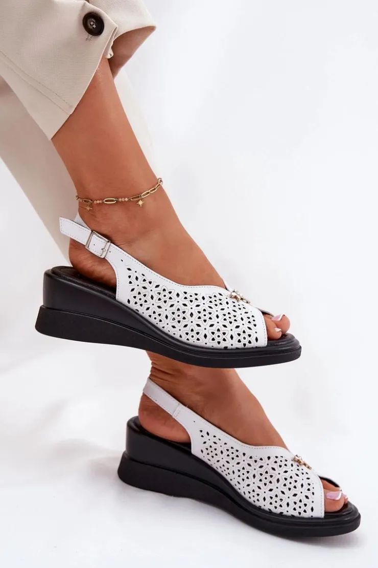 New Buty damskie Vinceza Skórzane Ażurowe Sandały Damskie Na Koturnie Vinceza 79529 Białe Biały