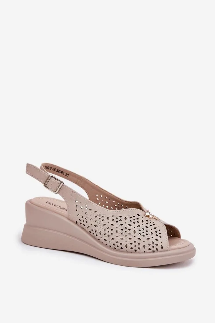 Damskie Buty damskie Vinceza Skórzane Ażurowe Sandały Damskie Na Koturnie Vinceza 79529 Beżowe