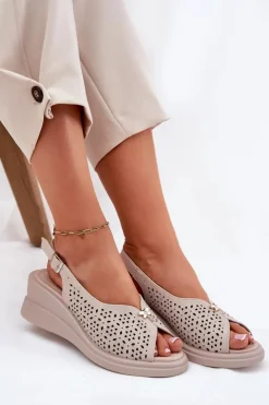 Damskie Buty damskie Vinceza Skórzane Ażurowe Sandały Damskie Na Koturnie Vinceza 79529 Beżowe