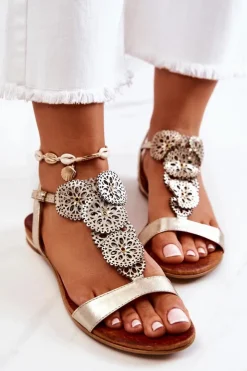 Damskie Boto Skórzane Ażurowe Sandały Lewski 3049 Złote