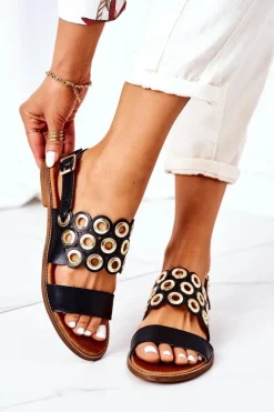 Damskie Boto Skórzane Ażurowe Sandały Lewski Shoes 3042 Czarne