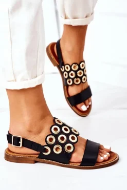 Damskie Boto Skórzane Ażurowe Sandały Lewski Shoes 3042 Czarne