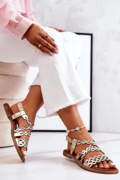 Best Boto Skórzane Ażurowe Sandały Lewski 3022 Złote