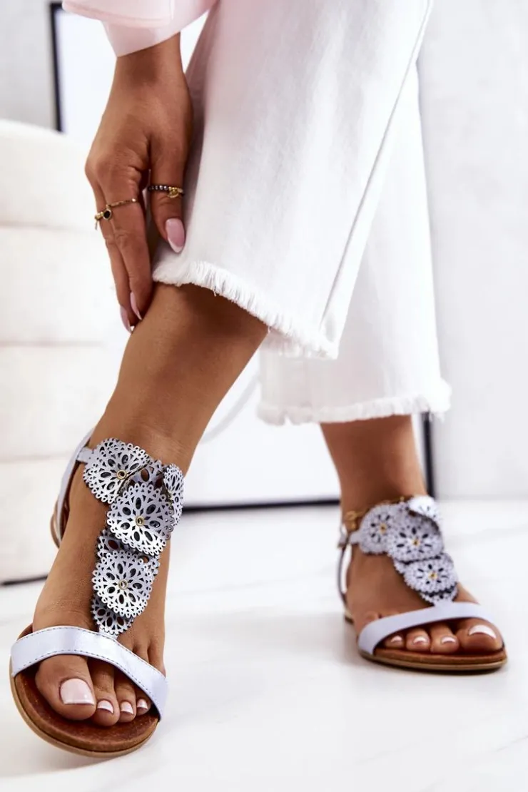 Boto Sandały Ażurowe|Sandały Płaskie*Skórzane Ażurowe Sandały Lewski Perłowe 3049 Niebieskie