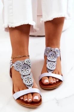 Boto Sandały Ażurowe|Sandały Płaskie*Skórzane Ażurowe Sandały Lewski Perłowe 3049 Niebieskie