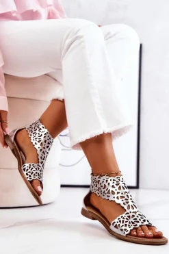 Sale Boto Skórzane Ażurowe Sandały Lewski 2699/2 Srebrne