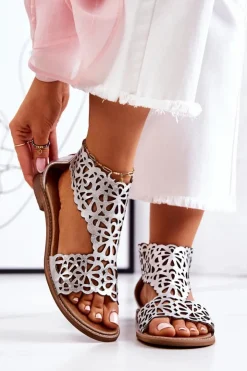 Sale Boto Skórzane Ażurowe Sandały Lewski 2699/2 Srebrne