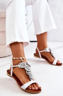 Online Boto Skórzane Ażurowe Sandały Lewski Perłowe 3049 Białe