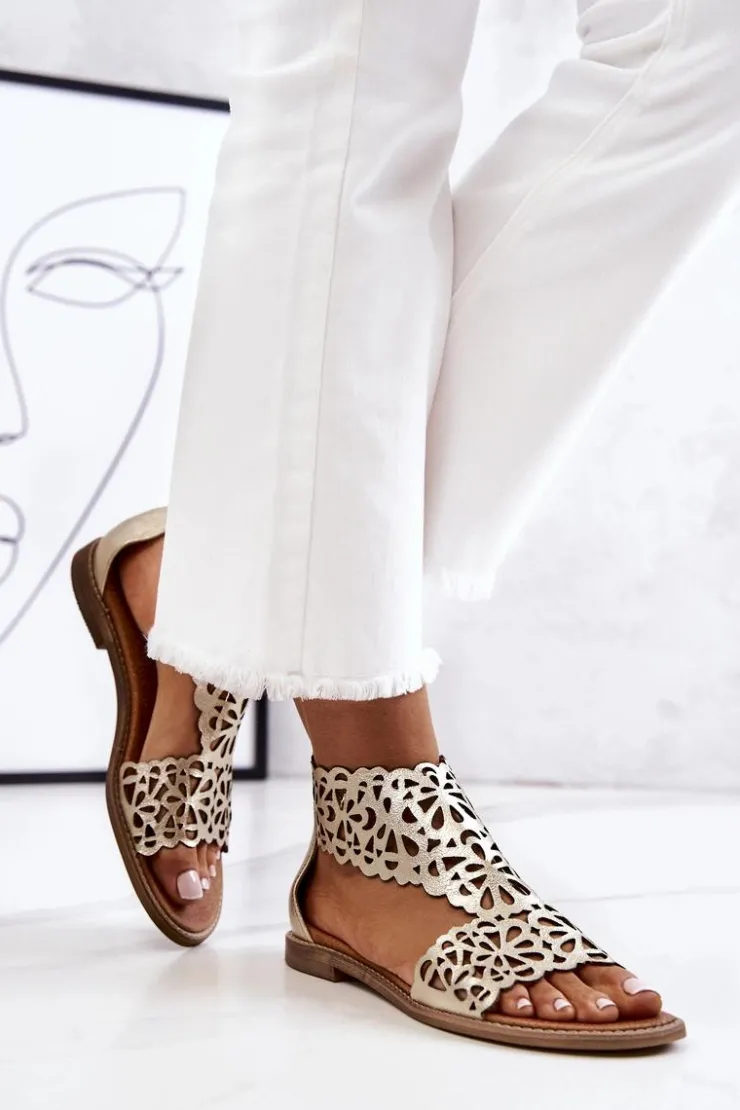 Boto Sandały Ażurowe|Sandały Płaskie*Skórzane Ażurowe Sandały Lewski 2699/2 Złote