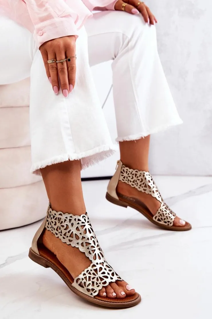 Boto Sandały Ażurowe|Sandały Płaskie*Skórzane Ażurowe Sandały Lewski 2699/2 Złote