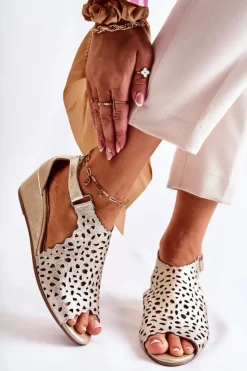 Damskie Boto Skórzane Ażurowe Sandały Na Koturnie Złote Sellena