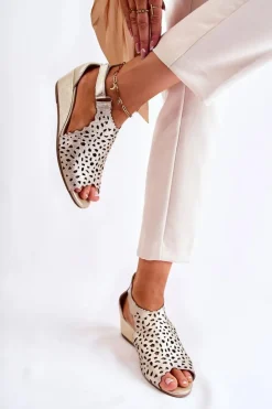 Damskie Boto Skórzane Ażurowe Sandały Na Koturnie Złote Sellena