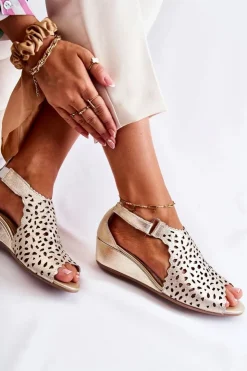 Damskie Boto Skórzane Ażurowe Sandały Na Koturnie Złote Sellena