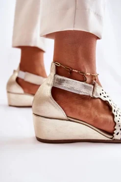 Damskie Boto Skórzane Ażurowe Sandały Na Koturnie Złote Sellena