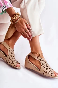 Boto Sandały Ażurowe|Sandały Na Koturnie*Skórzane Ażurowe Sandały Na Koturnie Beżowe Sellena