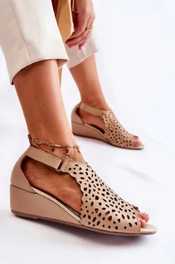 Boto Sandały Ażurowe|Sandały Na Koturnie*Skórzane Ażurowe Sandały Na Koturnie Beżowe Sellena