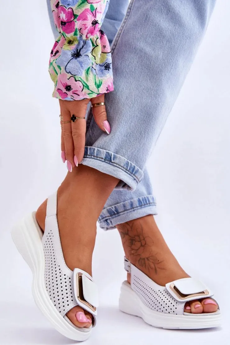 Damskie buty S.Barski Sandały Ażurowe|Sandały Na Obcasie*Skórzane Ażurowe Sandały S.Barski BN291 Białe