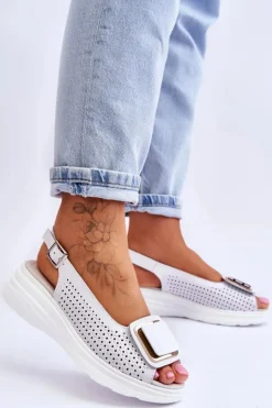 Damskie buty S.Barski Sandały Ażurowe|Sandały Na Obcasie*Skórzane Ażurowe Sandały S.Barski BN291 Białe