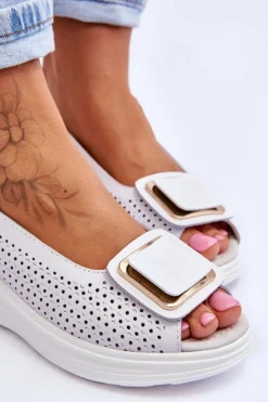 Damskie buty S.Barski Sandały Ażurowe|Sandały Na Obcasie*Skórzane Ażurowe Sandały S.Barski BN291 Białe