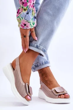 Discount Damskie buty S.Barski Skórzane Ażurowe Sandały S.Barski BN291 Różowe