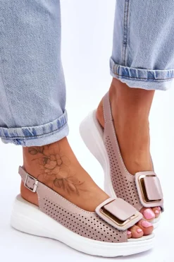 Discount Damskie buty S.Barski Skórzane Ażurowe Sandały S.Barski BN291 Różowe