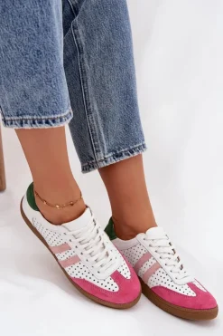 Discount Zazoo Skórzane Ażurowe Sneakersy Damskie N1318 Biało-Różowe