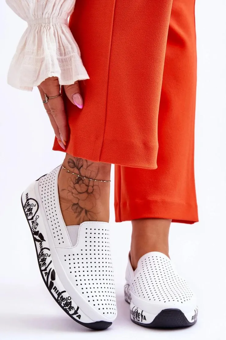 Outlet Damskie buty S.Barski Skórzane Ażurowe Wsuwane Tenisówki Slip-On Białe Gedra