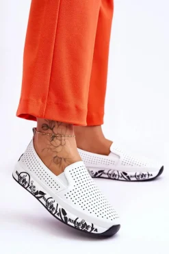 Outlet Damskie buty S.Barski Skórzane Ażurowe Wsuwane Tenisówki Slip-On Białe Gedra