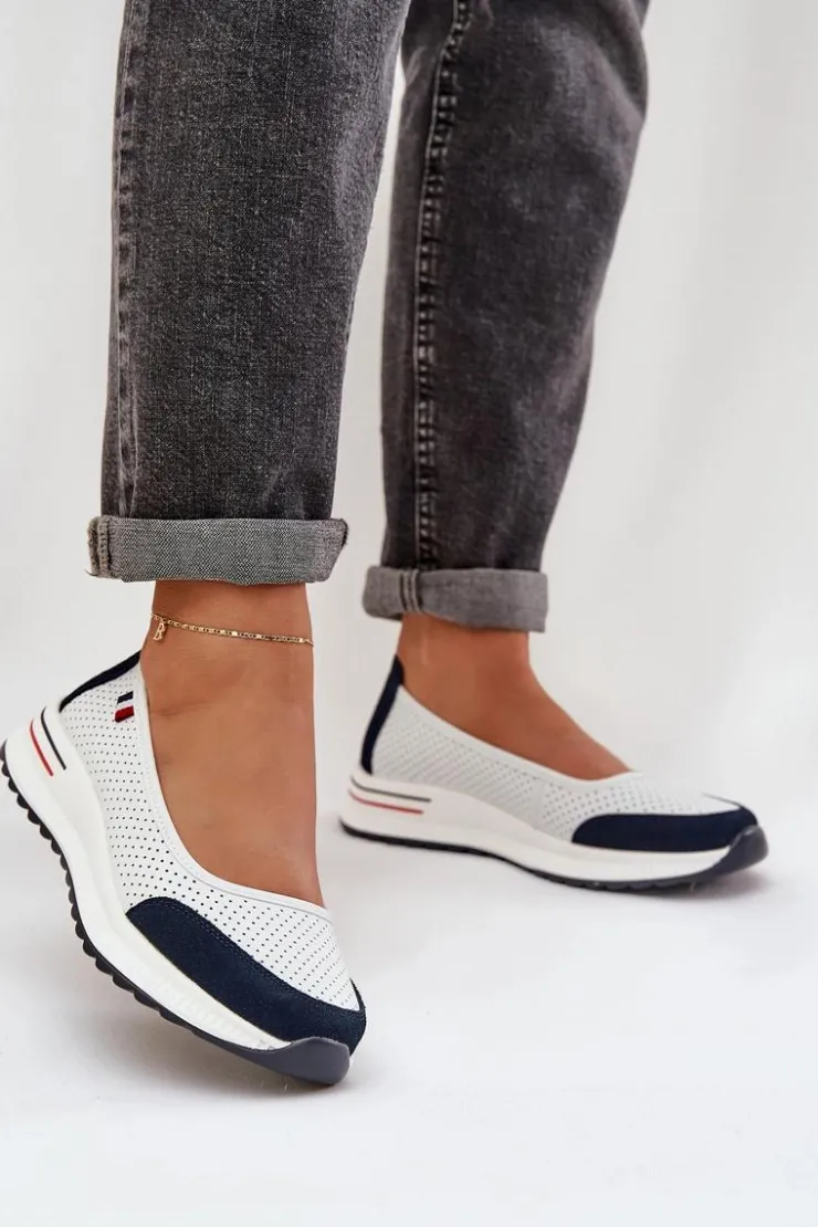 Damskie Evento Skórzane Baleriny Na Koturnie Biało-Granatowe Nelviera