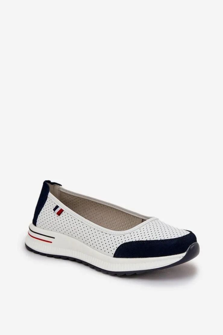 Damskie Evento Skórzane Baleriny Na Koturnie Biało-Granatowe Nelviera