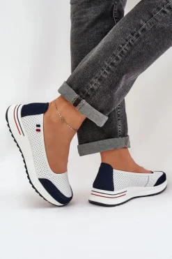 Damskie Evento Skórzane Baleriny Na Koturnie Biało-Granatowe Nelviera