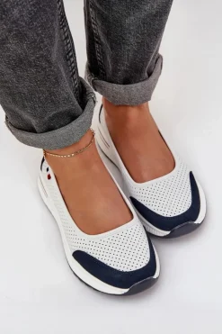 Damskie Evento Skórzane Baleriny Na Koturnie Biało-Granatowe Nelviera