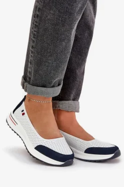 Damskie Evento Skórzane Baleriny Na Koturnie Biało-Granatowe Nelviera