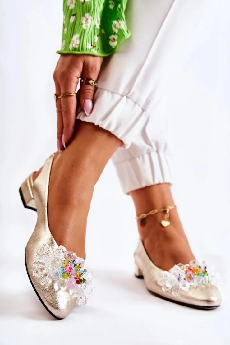 Outlet Boto Skórzane Baleriny Na Obcasie Z Ozdobą Złote Elenie