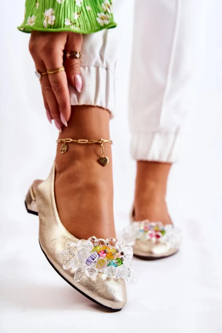 Outlet Boto Skórzane Baleriny Na Obcasie Z Ozdobą Złote Elenie