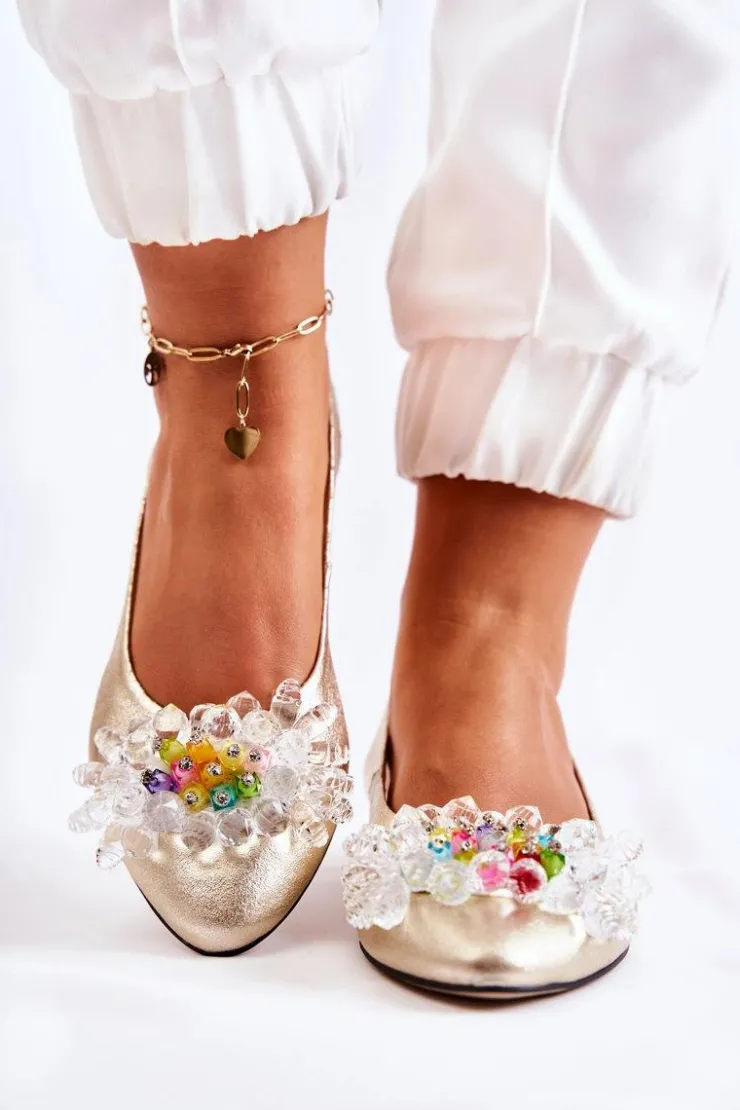 Outlet Boto Skórzane Baleriny Na Obcasie Z Ozdobą Złote Elenie