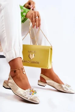 Outlet Boto Skórzane Baleriny Na Obcasie Z Ozdobą Złote Elenie