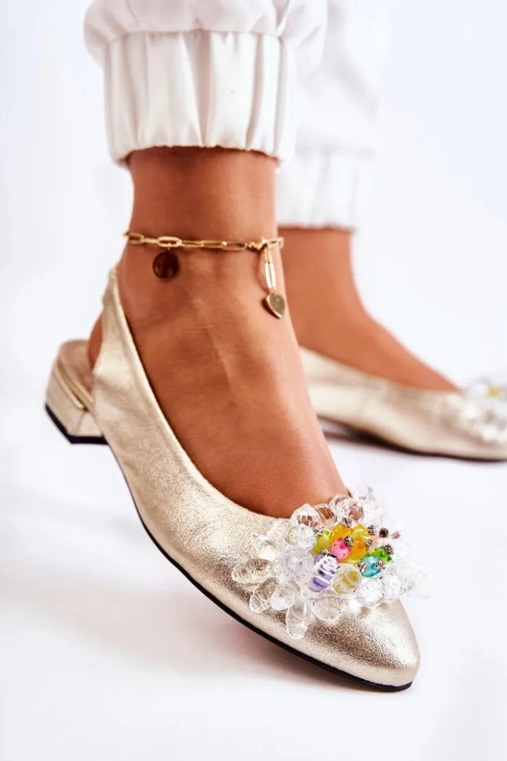 Outlet Boto Skórzane Baleriny Na Obcasie Z Ozdobą Złote Elenie