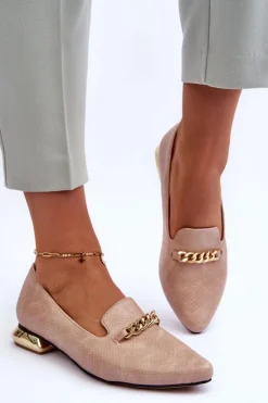 Damskie Boto Skórzane Baleriny Na Płaskim Obcasie Z Łańcuchem Beżowe Lanez