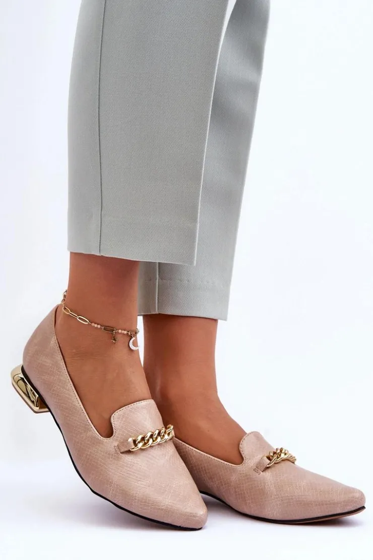 Damskie Boto Skórzane Baleriny Na Płaskim Obcasie Z Łańcuchem Beżowe Lanez