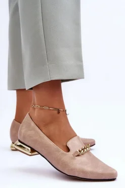 Damskie Boto Skórzane Baleriny Na Płaskim Obcasie Z Łańcuchem Beżowe Lanez