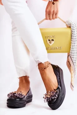 Discount Boto Skórzane Baleriny Na Platformie Z Ozdobą Czarne Beriette