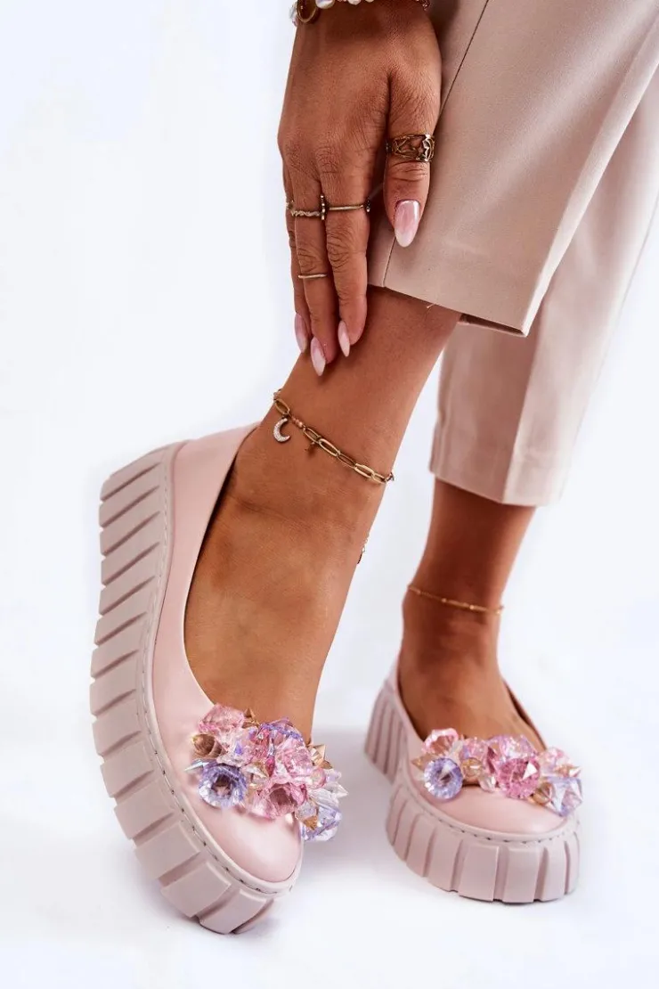 Boto Baleriny Skórzane|Baleriny Klasyczne*Skórzane Baleriny Na Platformie Z Kolorową Ozdobą Różowe Ladette