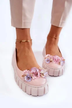 Boto Baleriny Skórzane|Baleriny Klasyczne*Skórzane Baleriny Na Platformie Z Kolorową Ozdobą Różowe Ladette