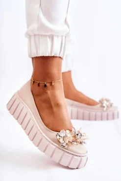 Discount Boto Skórzane Baleriny Na Platformie Z Ozdobą Beżowe Ladette