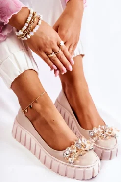 Discount Boto Skórzane Baleriny Na Platformie Z Ozdobą Beżowe Ladette