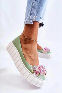 Sale Boto Skórzane Baleriny Na Platformie Z Kolorową Ozdobą Zielone Ladette