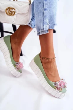 Sale Boto Skórzane Baleriny Na Platformie Z Kolorową Ozdobą Zielone Ladette