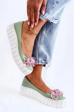 Sale Boto Skórzane Baleriny Na Platformie Z Kolorową Ozdobą Zielone Ladette