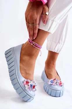 Discount Boto Skórzane Baleriny Na Platformie Z Kolorową Ozdobą Niebieskie Ladette